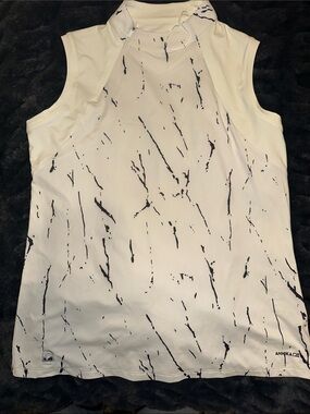 ANNIKA Sleeveless Mock Neck Tank in White with Black Marble Print
